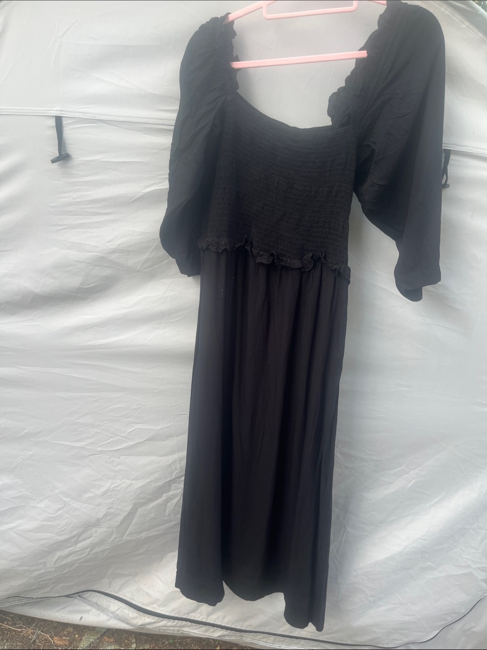 Black Smocked Midi Dress with Puff Sleeves